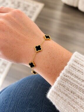 Gold Plated Clover Link Bracelet with Black Enamel Accents